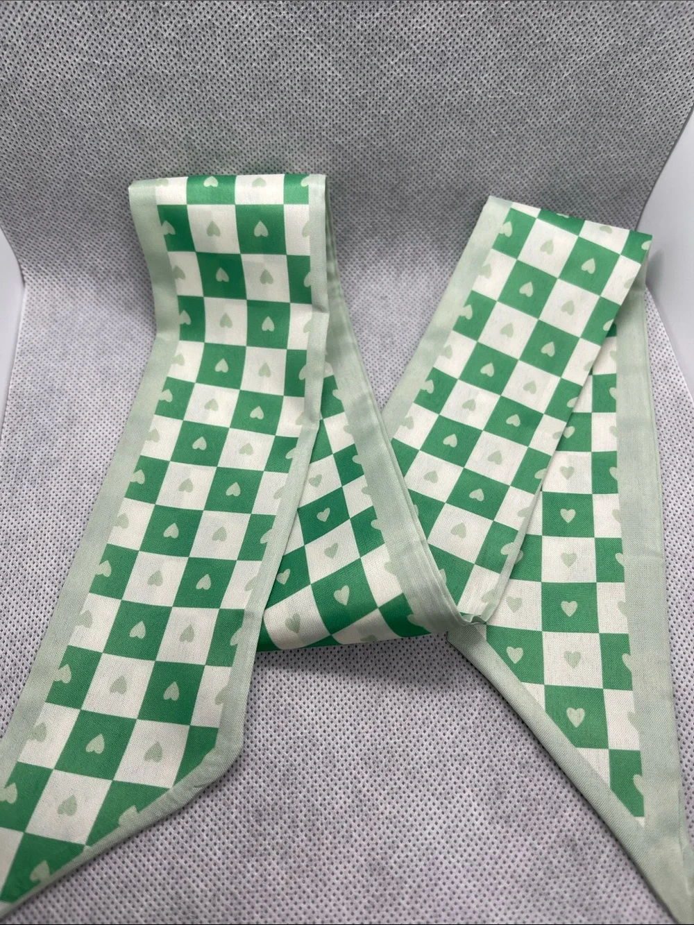 Green and White Checkered Heart Twilly Scarf